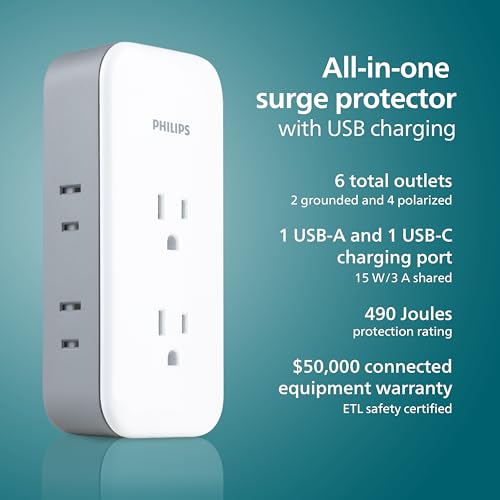 Philips All-in-One Surge Tap with USB, 2 Grounded & 4 Polarized Outlets