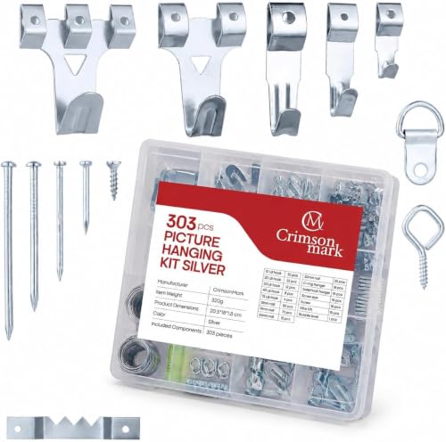 CrimsonMark 303-Piece Picture Hanging Assortment with Heavy Duty Hooks | Includes Nails, Sawtooth, D-Rings, Wire, Level & Metal Wall Hooks for Picture Framing and Canvas Mounting in Silver. - size: Silver