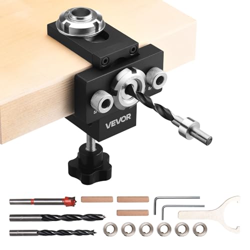 VEVOR Doweling Jig Kit, Self Centering Dowel Drill Jig for Straight Holes, Aluminum Alloy Woodworking Joints Tool with 3 Size Drill Bits 5/16", 3/8", and 19/32", Adjustable Width, for Wood Working - size: Ultra, style: Doweling Jig