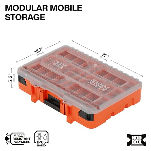 Klein Tools 54400MBX MODbox Tall Compartment Box, Full-Width Tool Organizer, Small Parts Tool Box with 20 Compartments, 9 Removable Bins for Fasteners, Stackable Module - size: Component Box