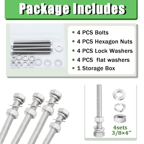 4 Sets 3/8-16 x 4 Stainless Steel Hex Head Screws Bolts, Nuts, Flat & Lock Washers,18-8(304) Full Thread - color: Silver, size: 3/8-16 × 4"（4 Sets）