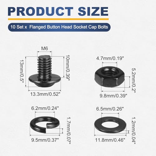 M METERXITY 10 Set M6 x 10mm Flanged Button Head Socket Cap Screws, Black 304 Stainless Steel 18-8 Hex Socket Head Screws Bolts, Nuts, Flat & Lock Washers for DIY, Furniture, Automotive - size: M6 x 10mm