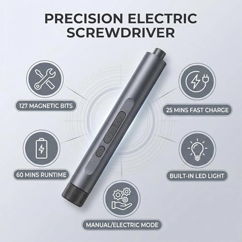 Mini Electric Screwdriver Cordless Set, 127-in-1 Precision Magnetic Bits, Rechargeable USB-C, LED Light, Manual & Electric Modes, Portable Repair Tools Kit for Electronics, Phones, Laptops