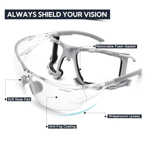 UKNOW Safety Glasses - Anti Fog Wraparound Lenses - Removable Foam Gasket - ANSI Z87.1 Protective Eyewear - Impact Resistant - color: Gray