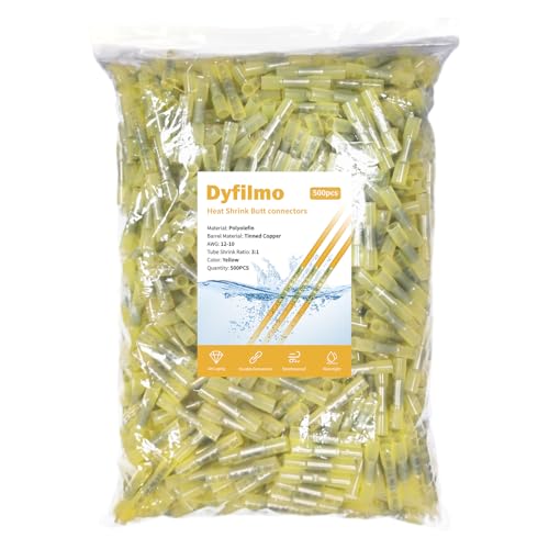 Heat Shrink Butt Connectors,500Pcs 12-10 AWG Yellow Waterproof Electrical Wire Connectors Automotive Marine Grade Wire Crimp Terminals Butt Splices for Cable,Boat,Home Electrical etc. - size: [12-10 AWG] x 500