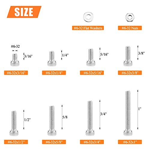 HELIFOUNER 250 Pieces #6-32 x 3/16" 1/4" 5/16" 3/8" 1/2" 5/8" 3/4" 1", Hex Socket Head Cap Screws Bolts Washers Nuts Kit, Coarse Thread, Fully Machine Threaded, 304 Stainless Steel - size: #6-32, style: Socket Head
