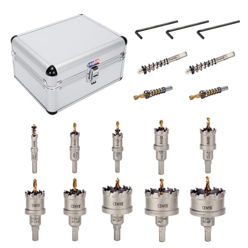 10Pcs (16-54mm) TCT Carbide Hole Saw Kit for Hard Metals. Includes 2 Titanium, 1 Stepped Pilot Drill Bit, and 2 Hex Keys. Ideal for Stainless Steel, Iron, Aluminum, Alloys, and Other Metals - size: 10 in 1(16-54mm)
