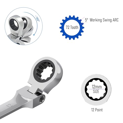 12mm Flex-Head Ratcheting Combination Wrench, 12mm Metric - size: 12mm