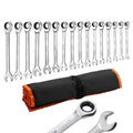 VEVOR Combination Wrench Set, 16-Piece SAE Sizes, 72 Teeth, Cr-V Steel Ratcheting Wrench Set, with Roll Up Pouch, Open End, Clear Size Labels, for General Household and Automotive Repairs, Silver - size: 16PCS (SAE), style: Regular