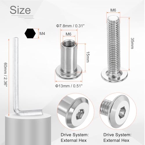 HARFINGTON 10 Set M6x35mm Hex Drive Socket Cap Bolt and M6x15mm Nuts with M4 Hex Wrench, Furniture Connector Bolts and Screws for Furniture Countersunk Belt, Silver - size: M6x35mm, M6x15mm