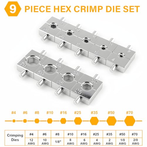 Hydraulic Crimping Tool, 9 Pairs Dies 12-2/0 AWG | Steel hydraulic crimper for 1/16",1/8",3/16" stainless cable railing, suited for vehicle wiring & electrical service