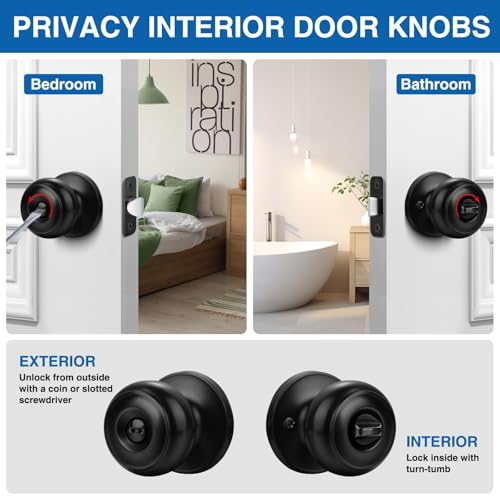 Privacy Door Knob, 5 Pack Black Round Keyless Doorknobs Interior Lockset - color: Matte Black