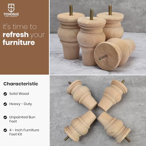 4 inch Solid Wood Bun Feet Unfinished 4-Pack with 5/16" Bolts - color: Unfinished