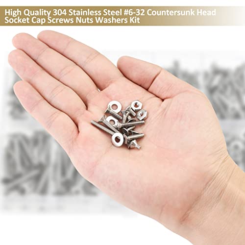 252 Pieces #6-32 x 1/4", 5/16", 3/8", 1/2", 5/8", 3/4", 1", 1-1/4", Countersunk Head Socket Cap Screws Nuts Washers Assortment Kit, 304 Stainless Steel, Fully Machine Thread - size: #6-32, style: Countersunk Head