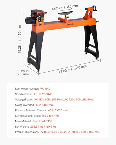 VEVOR 1.5 HP Wood Lathe, 16 x 40 in Wood Lathe Machine with 150 to 3200 RPM Variable Speed Brushless DC Motor Cast Iron Body Tool Rest for Medium to Large Projects Woodworking - size: 16" x 40"-1.5 HP