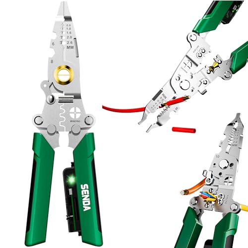 12 in 1 Foldable Wire Stripper with Electricity Measurement Function & Dual Alarms Multifunctional Professional Electrician's Pliers Cable Stripping Pliers (Green, Wire Stripper (Centre Split) 8.5") - size: Wire Stripper (Centre Split) 8.5"