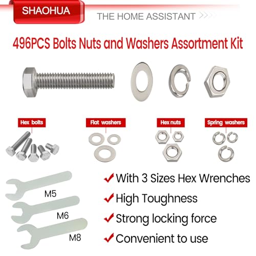 M5 M6 M8 Nuts and Bolts Assortment Kit 12mm-40mm, Metric Bolt Assortment 304 Stainless Steel Bolts and Nuts Kit, Hex Head Cap Screws Kit, Flat & Spring Lock Washer with Wrench, Silver, 496PCS, SHAOHUA - size: H. M5 M6 M8