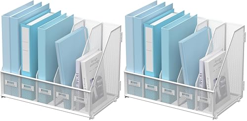 SUPEASY Desk Organizers Metal Desk Magazine File Holder with 5 Vertical Compartments Rack File Organizer for Office Desktop, Home Workspace, White (Pack of 2) - color: White, size: Small (Pack of 2)
