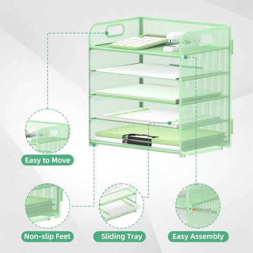 Supeasy 5 Trays Paper Organizer Letter Tray with Handle-Mesh Desk File Holders, Paper Sorter Desk Organizer for Office, Home, Classroom or School(Mint Green) - color: Mint Green