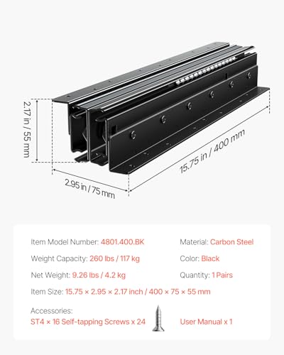 VEVOR Undermount Heavy Duty Drawer Slides, 16 24 32 40 Inch 260 lb Load Capacity Full Extension Ball Bearing Under Stair Cabinet Rails, Bottom Stair Cabinet Glides Track Runners(16inch, Black) - size: 16 Inch