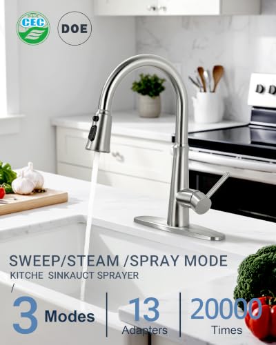 WOWOW Kitchen Faucet Head Replacement – 304 Stainless Steel 3-Mode Pull Down Spray Head with 13 Adapters, Compatible with Moen Delta Kohler American Standard, Easy DIY Install, Brushed Nickel - color: Brushed Nickel