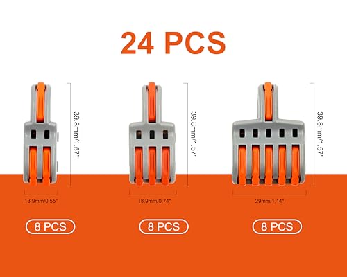 24PCS Lever Wire Connectors Assortment Kit, 2/3/5 Way Compact Splicing Terminal Blocks for 24-12AWG, Flame Retardant Nylon