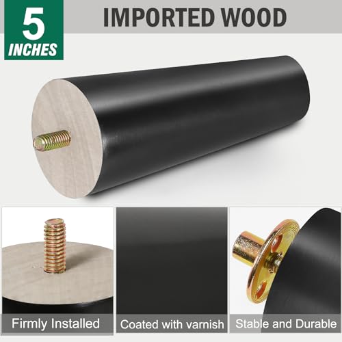 FoDau770 Rubber Wood Legs 5", Straight Taper, 5/16"-18 Thread, Black, 4pcs | Wood Couch legs - Mid Century Sofa Legs - Furniture legs Replacement for Cabinet Dresser Chair Ottoman - color: Black, size: 5 Inch - Straight (90°)