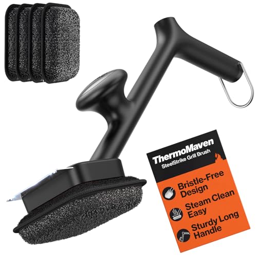 ThermoMaven BBQ Grill Brush Bristle Free - 17" Safe Steam Grill Cleaner Brush with Scraper and 5 Brush Heads for Porcelain/Gas/Charcoal Grill Outdoor Grill Barbecue Cleaner - size: Black 5pcs-Medium