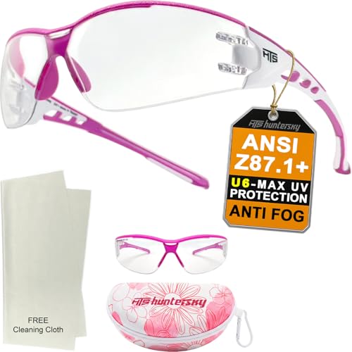 HTS HUNTERSKY Super Flexible Lightweight Anti Fog Wrap-Around U6 Clear Shooting Safety Glasses with ANSI Z87.1 Scratch Resist - color: Pink / Clear W/ Pink Case