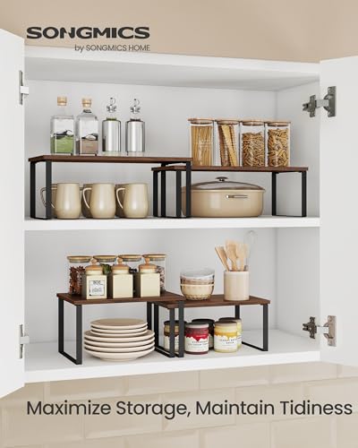 SONGMICS Cabinet Organizer Shelf, Set of 2 Spice Rack, Kitchen Storage - color: Natural Walnut + Matte Black, size: 15.6"w
