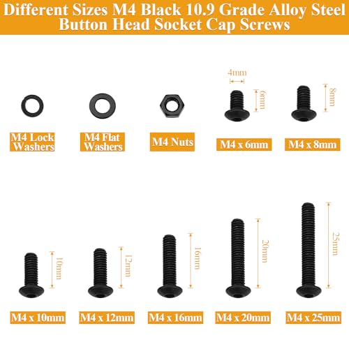 365 Pieces M4 Screws Nuts Washers Set Black, Sutemribor M4 x 6/8/10/12/16/20/25mm Button Head Socket Cap Screws Nuts Washers Assortment Kit, 10.9 Grade Alloy Steel, Fully Threaded - size: M4 x 6/8/10/12/16/20/25mm, style: Button Head