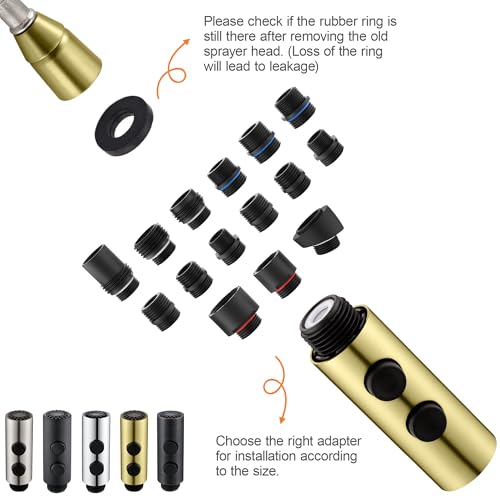 TIORIY Kitchen Faucet Head Replacement Metal, Pull Down Spray Head with 15 Adapters for Kitchen Faucet, 2 Function Kitchen Sink Spray Nozzle, Stainless Steel, Brushed Gold - color: Brushed Gold