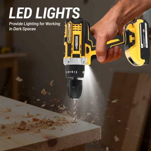 21V Cordless Drill Driver Kit, 25+1 Clutch, 2 Batteries & Charger, 3/8" Keyless Chuck, LED Light, Complete Drill Set with Carry Case, Ideal for Home Improvement, Household Repairs & DIY Projects - color: Yellow-28pack