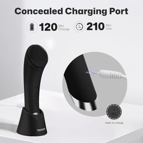 PRITECH Facial Cleansing Brush, Rechargeable Silicone Face Scrubber with Heat Massage End, Vibrating Exfoliator Scrubber for Deep Cleaning, Waterproof Face Brush for Women and Men (Black) - color: Black