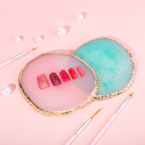 2 Pcs Resin Nail Art Palette Set, Green Pink, Gold Edge - color: Pink, Green