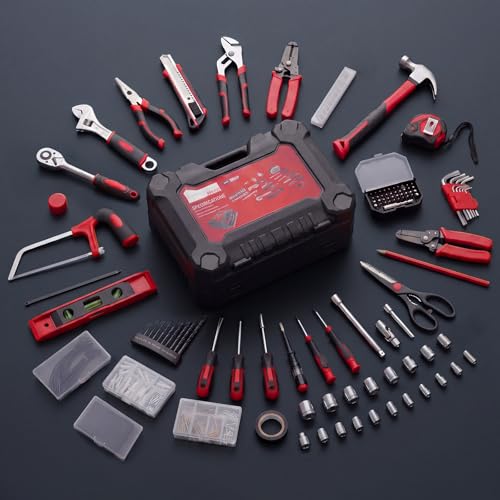 DUMOS 330-Piece Complete Homeowners Tool Box Set,Small Tool Kit for Home - color: Black Red, size: 15.7