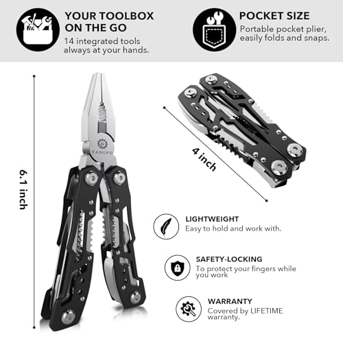14-In-1 Multitool with Safety Locking, Professional Stainless Steel Multitool Pliers Pocket Knife, Bottle Opener, Screwdriver with Nylon Sheath ，Apply to Survival,Camping, Hunting and Hiking 1 Pcs