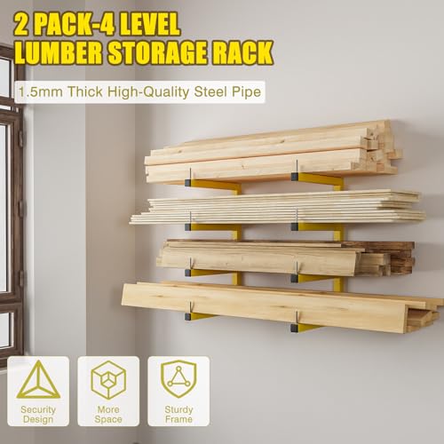 2-Pack Lumber Storage Rack, Wood Storage Racks Wall Mount, Heavy Duty Garage Wood Organizer with 4-Level System, Yellow Utility Rack Organization Up 800 Lbs, Metal Lumber Shelf for Indoor and Outdoor - color: Yellow, size: D– 2 Pack, 4-Tier