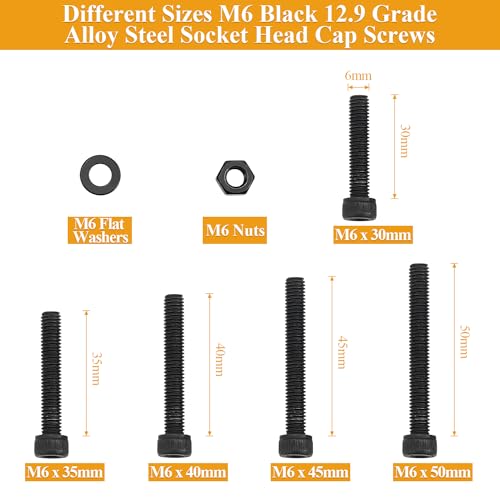 62-Piece M6 Hex Socket Head Cap Screws Nuts Washers Set - 30/35/40/45/50mm Long Black Assortment Kit - 12.9 Grade Alloy Steel, Fully Threaded - size: M6 Long Screws Kit, style: Socket Head