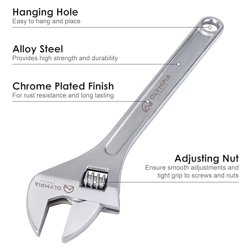 Olympia Tools 18" Adjustable Wrench, Heavy Duty Drop Forged Steel, Chrome Plated, Precision Machined Jaws, Rust Resistant - size: 18-Inch