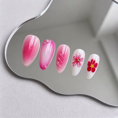 Press on Nails Almond - Medium French Tip Fake Nails with Embossed Designs, Glossy Finish Reusable False Nails with Glue Tabs - 24Pcs Nail Kit for Women Manicure (3D Embossed design 17) - color: 3D Embossed design 17