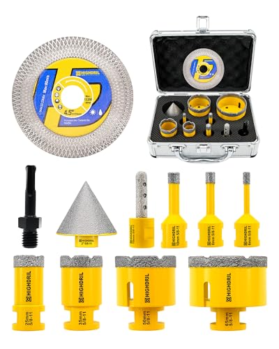 HIGHDRIL 11Pcs Diamond Hole Saw Kit - 1/4", 5/16", 3/8", 1", 1-3/8", 2", 2-1/2" Drill Bits with 3/8" Finger Bit, 2" Chamfer Bit, SDS Plus Adapter & 1 pcs 4.5-inch Saw Blade for Tile/Ceramic/Marble - size: Kit 5 Thread