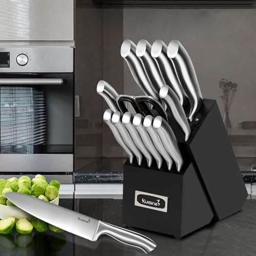 Kuisine Sharp Knife Set,One-piece Molding,Sharper Blade Ergonomic Non-slip Steel Handle,Block Knife Set Chef Knife Set with Built-in Sharpener(Black,15PCS) - color: ET Black