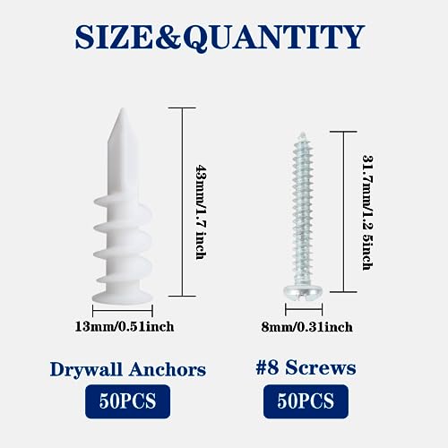 Wall Anchors, Drywall Anchors and Screws Kit #8 100PCS Self Drilling Drywall Anchor and Screws for Drywall, Sheetrock, Plaster Wall Hanging and Mounting 50-75lbs(50 Pairs)