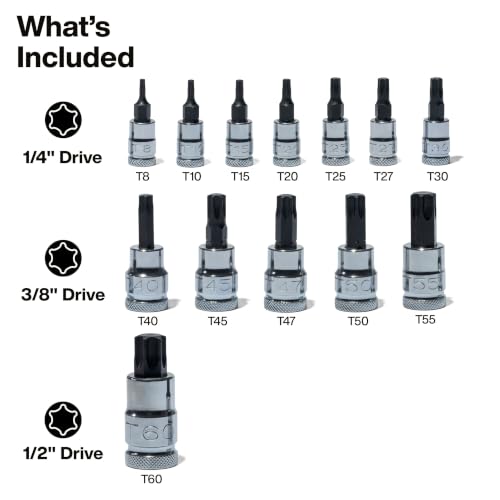 Klein Tools 65213TX Knurled TORX Bit Socket Set, T8 toT60, 1/4, 3/8 and 1/2-Inch Drives, Premium Cr-V Steel, MODBox Case, 13-Piece - style: TORX