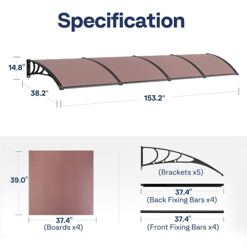 VIVOHOME Polycarbonate Window Door Awning Brown 38 Inch x 153 Inch - color: Brown, size: 38 Inch x 153 Inch