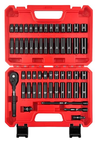 WETT 55-Piece 1/4" Drive Impact Socket Set, SAE/Metric, Deep/Shallow, Cr-V Steel, 6 Point, (5/32"-9/16", 4-15mm) Sockets with Ratchet Handle, Extension bar, Adapter and Universal Joint - size: Upgraded 1/4" Drive Socket Set (55pcs)