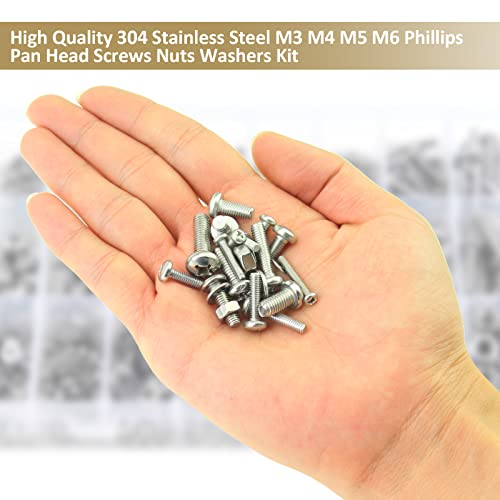 814 Pieces Phillips Pan Head Machine Screws Nuts Washers Kit, Kindroufly M3 M4 M5 M6 Screw Assortment Kit, Metric Screw Set, Bolts and Nuts, Machine Screws, 304 Stainless Steel, Fully Machine Thread - size: M3/M4/M5/M6, style: Phillips Pan Head
