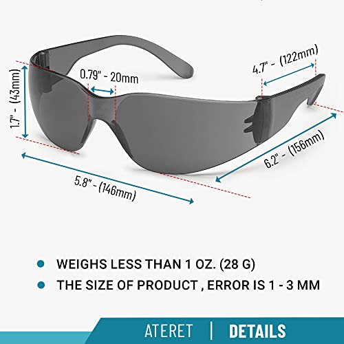 ATERET 12 Pairs Safety Glasses, Scratch and Impact Resistant, Polycarbonate ANSI Z87.1 Lens, Protective Eyewear for Lab, Industrial, Carpentry, Shooting (Grey) - color: Grey, size: 12 pairs