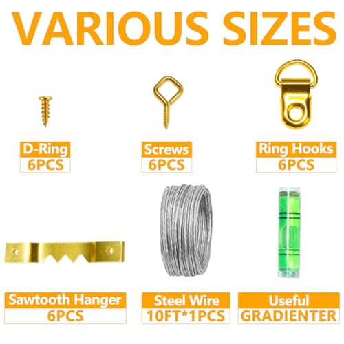 126Pcs Picture Hanging Kit, Picture Hangers Assorted Kit with Heavy Duty Picture Hanging Hooks/Hardware Nails/Sawtooth/Wire/D Rings/Level, Metal Picture Wall Hooks for Frame Canvas Mounting